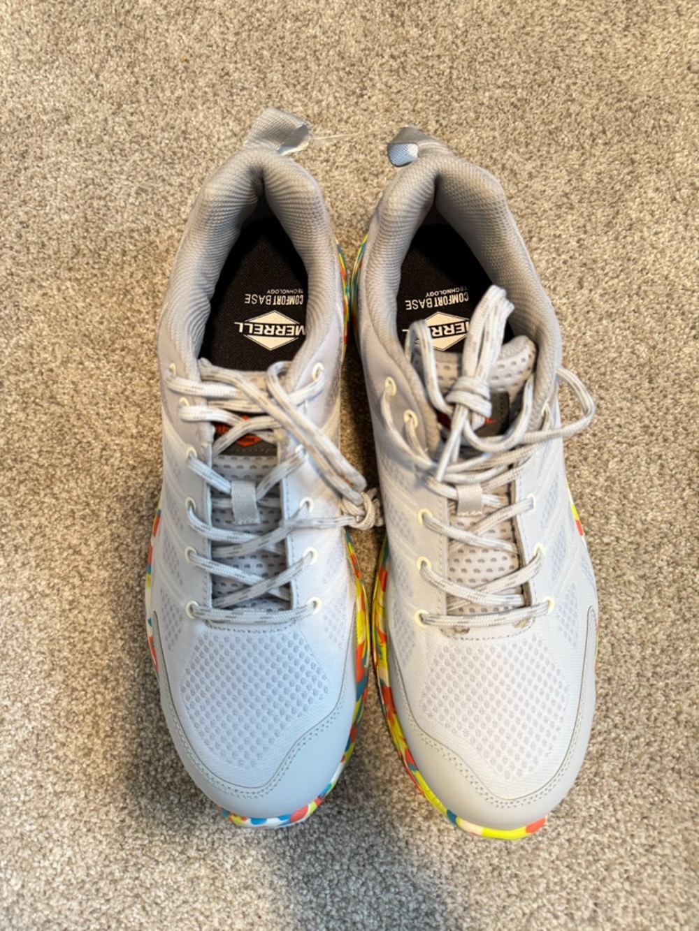 Merrell Light Gray Athletic Sneakers with Colorful Patterned Outsoles Steel toe